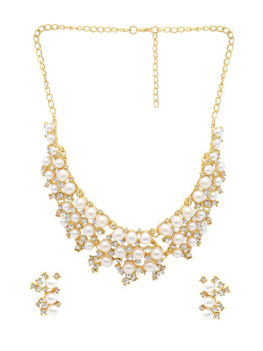 Royal Pearl Cluster Necklace Set - Gold