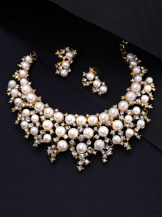 Royal Pearl Cluster Necklace Set - Gold