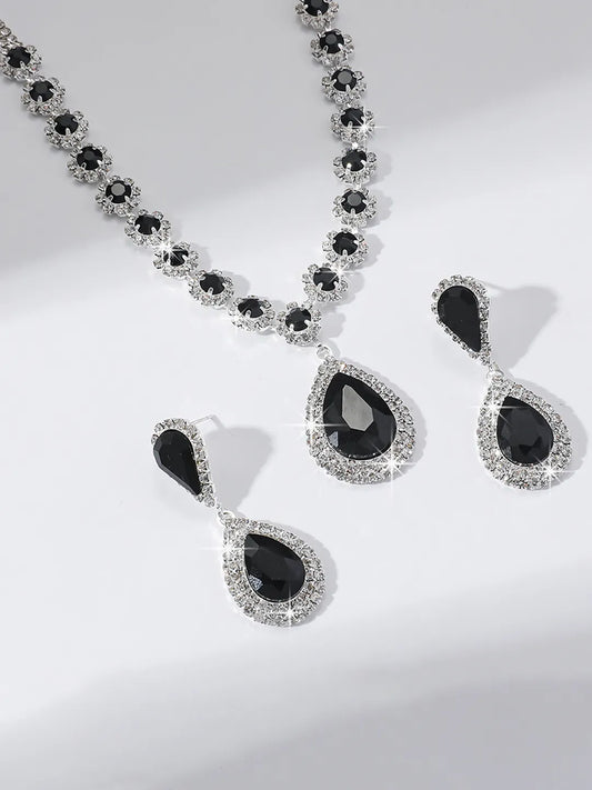 Glamorous Teardrop Necklace  Earring Set - Black