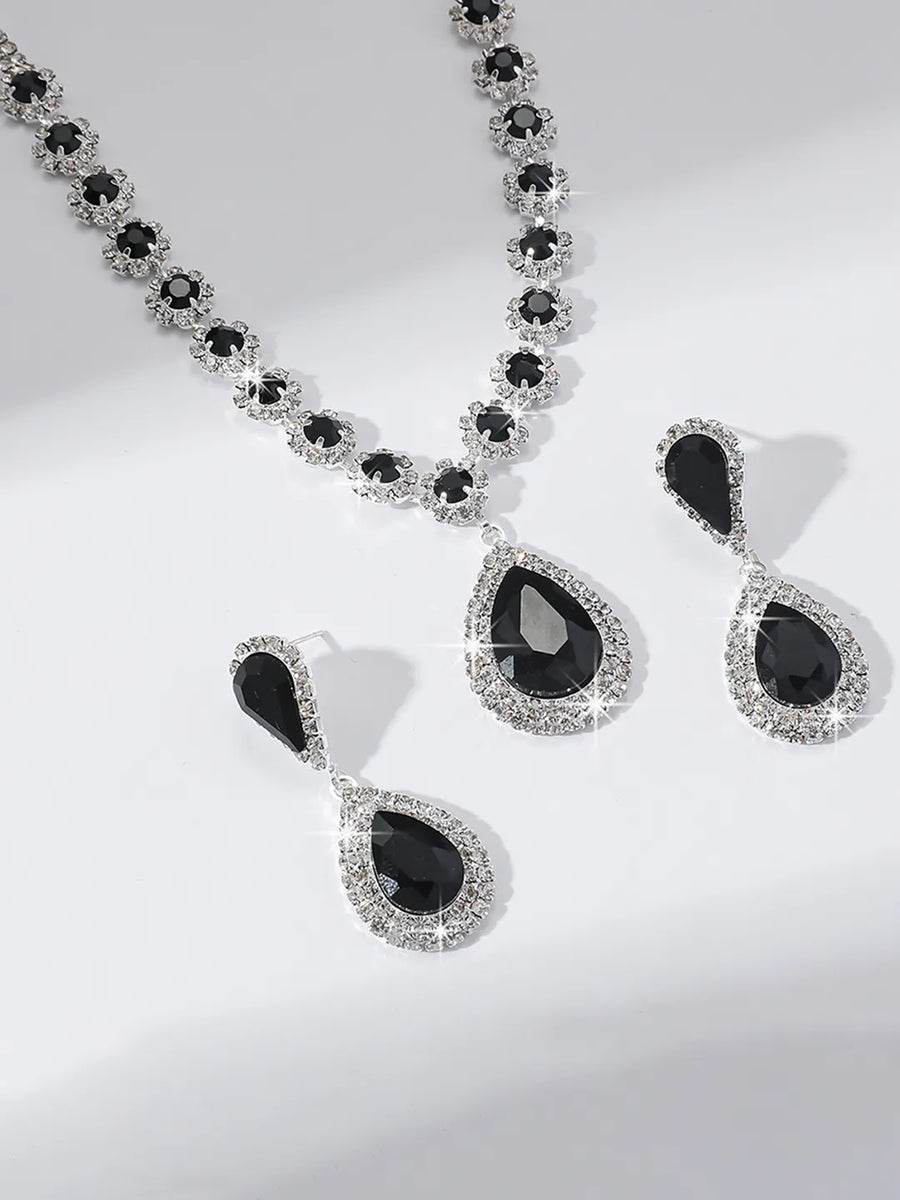 Glamorous Teardrop Necklace  Earring Set - Black