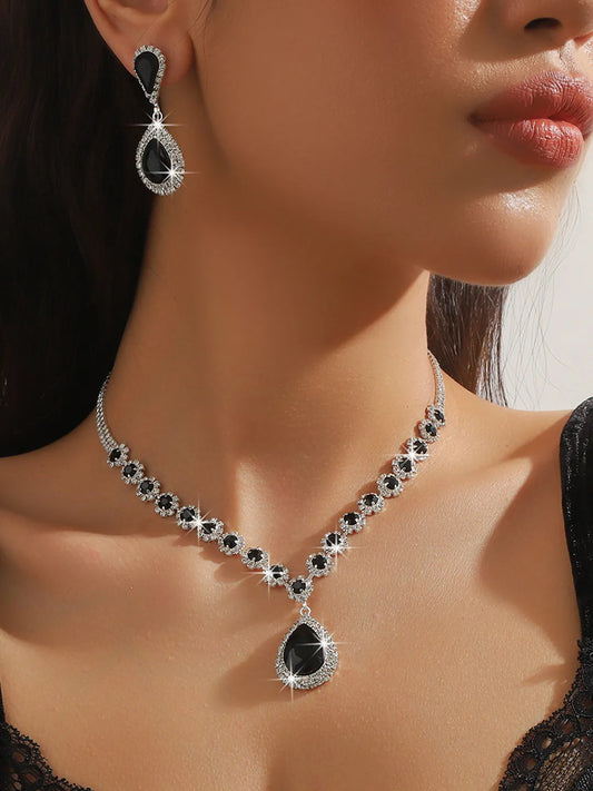 Glamorous Teardrop Necklace  Earring Set - Black