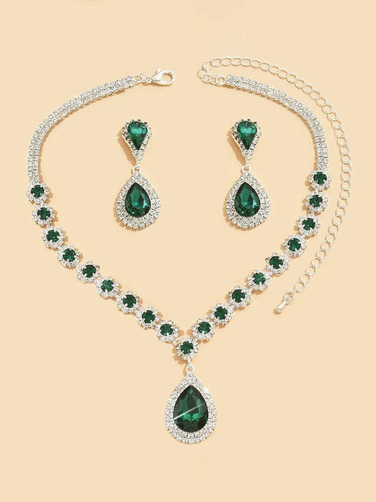 Glamorous Teardrop Necklace  Earring Set - Green
