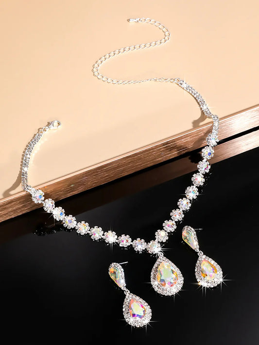 Glamorous Teardrop Necklace  Earring Set - Silver -White