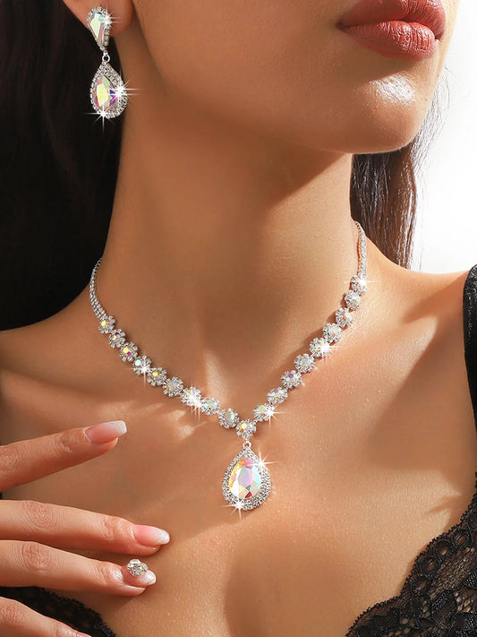 Glamorous Teardrop Necklace  Earring Set - Silver -White