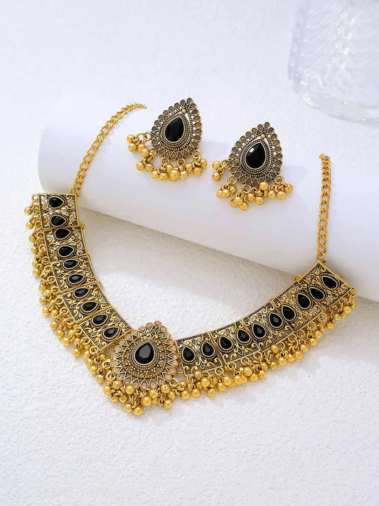 Traditional Crystal Studded Choker Set - Black