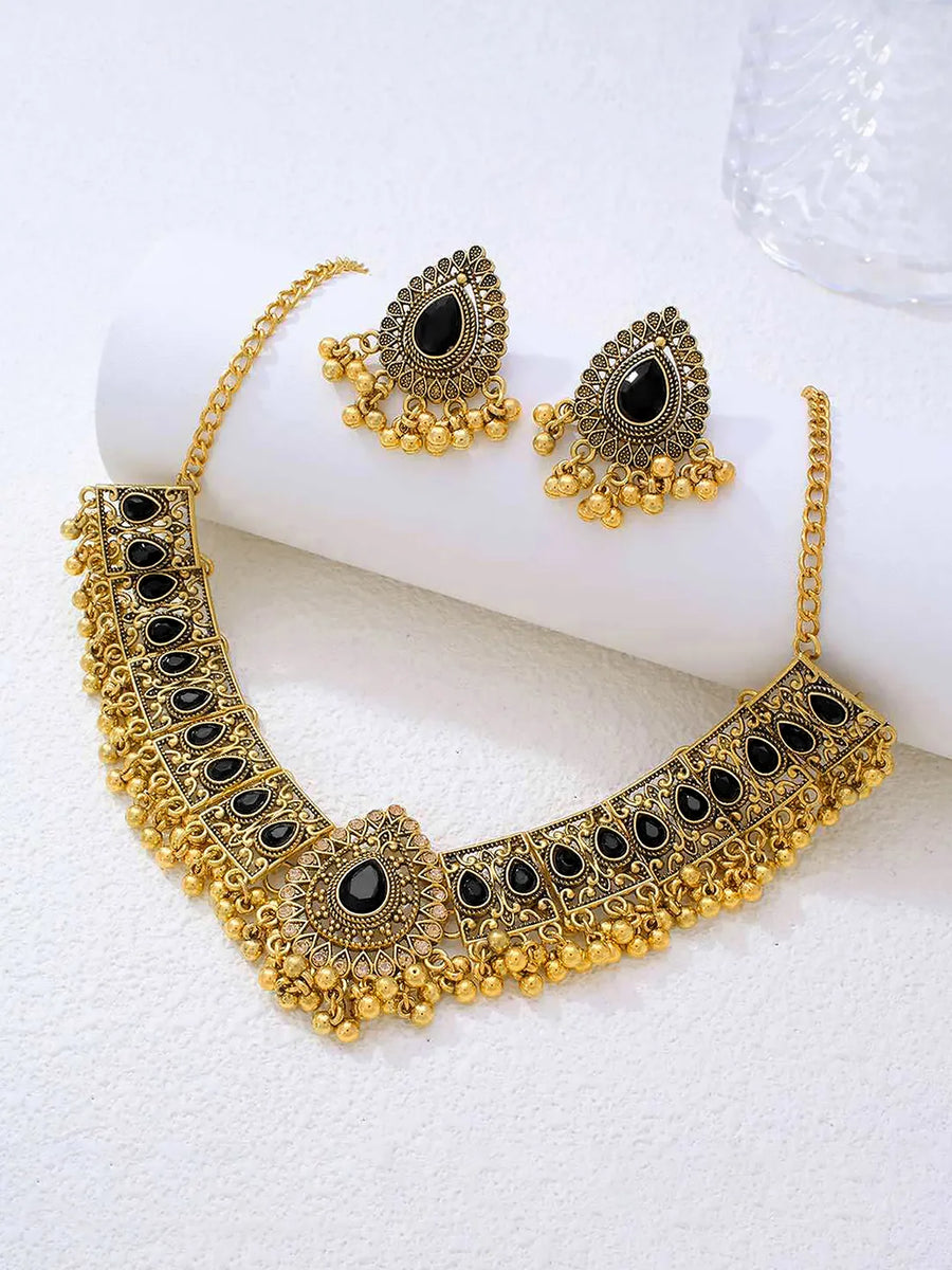 Traditional Crystal Studded Choker Set - Black