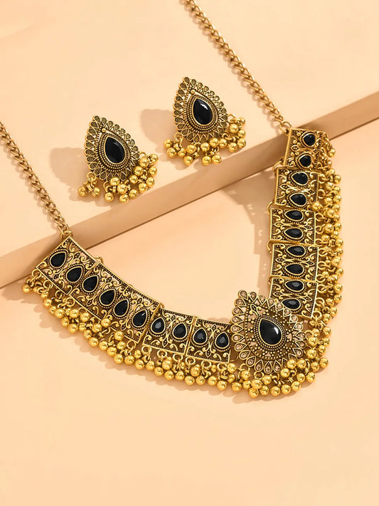 Traditional Crystal Studded Choker Set - Black
