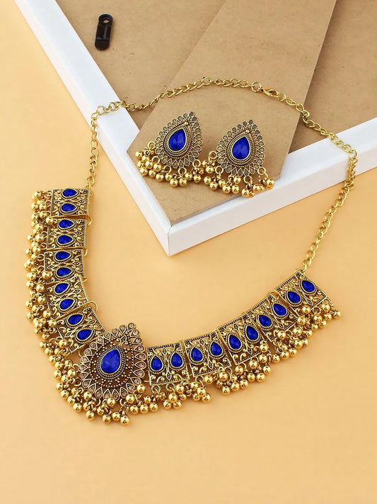 Traditional Crystal Studded Choker Set - Blue