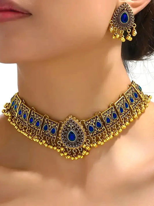 Traditional Crystal Studded Choker Set - Blue