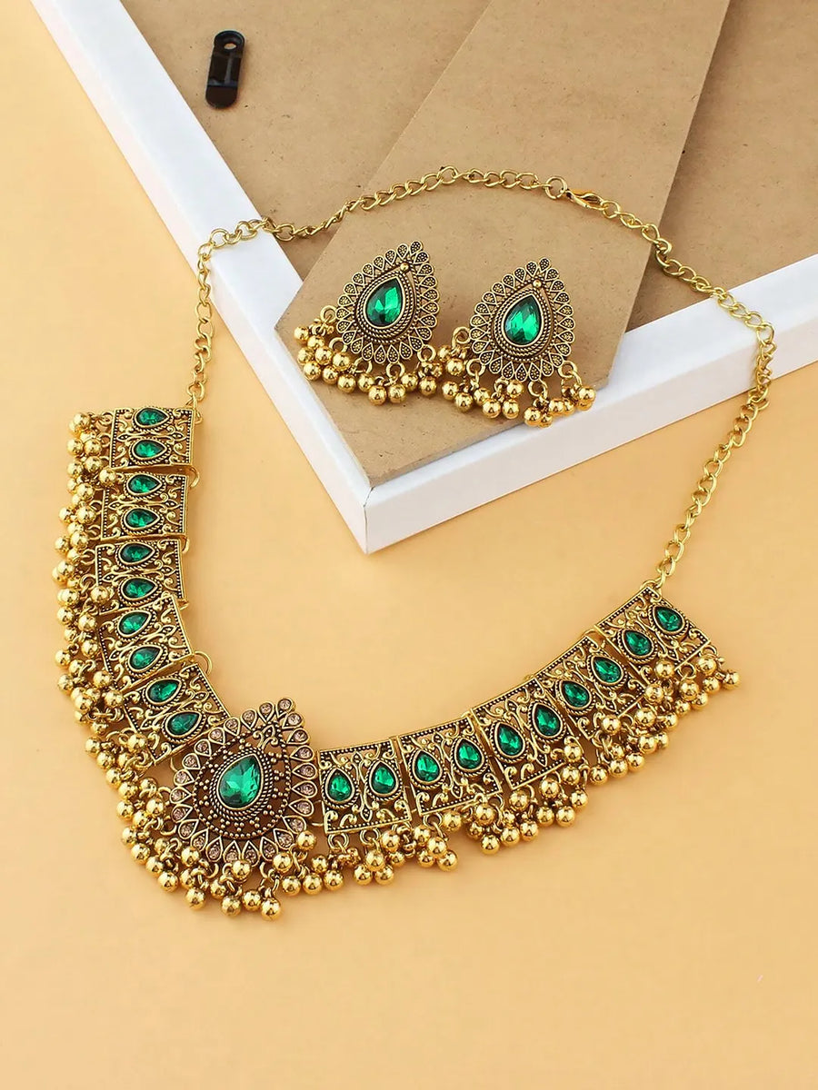 Traditional Crystal Studded Choker Set - Green