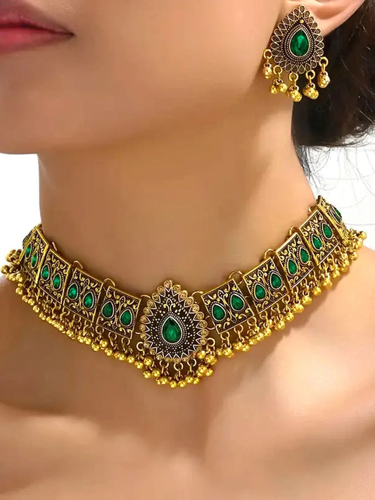 Traditional Crystal Studded Choker Set - Green