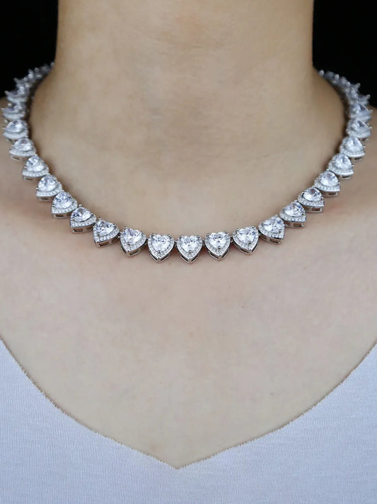 Radiant Heart Motif Crystal CZ Necklace - Silver -White