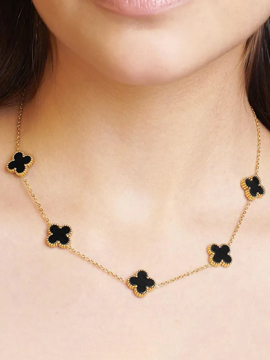 Graceful Clover Charm Necklace - Black
