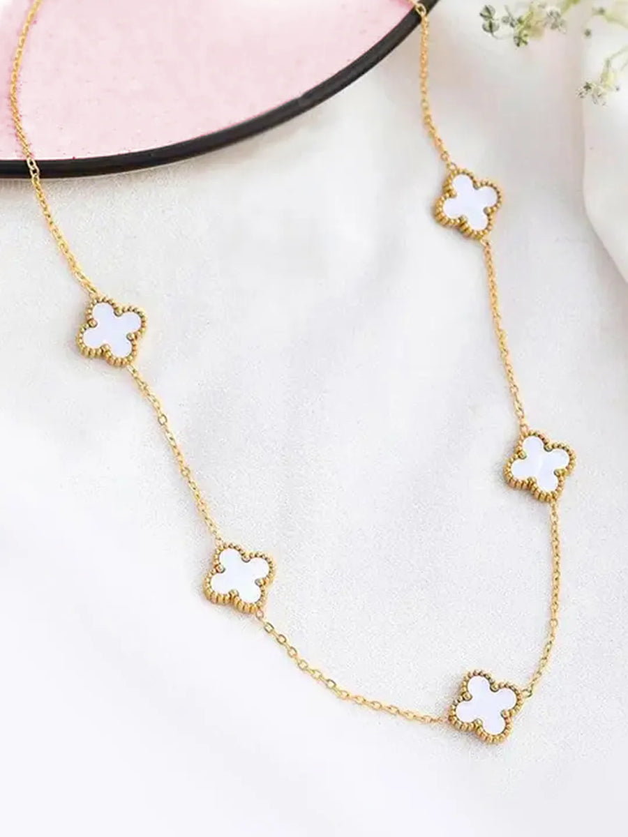 Graceful Clover Charm Necklace - Gold-White