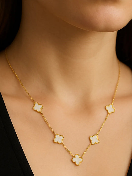 Graceful Clover Charm Necklace - Gold-White