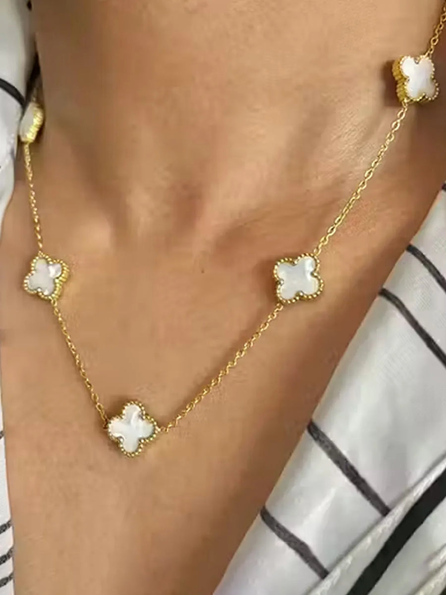 Graceful Clover Charm Necklace - Gold-White