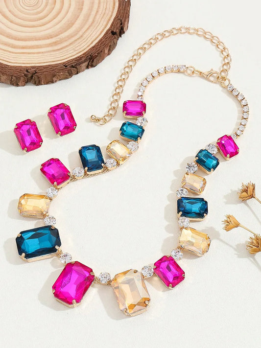 Bright Crystal Studded Necklace Earrings