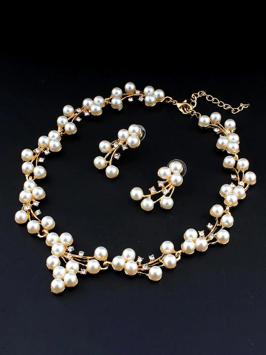 Pearl Blossom Necklace & Earrings Set - Gold -White