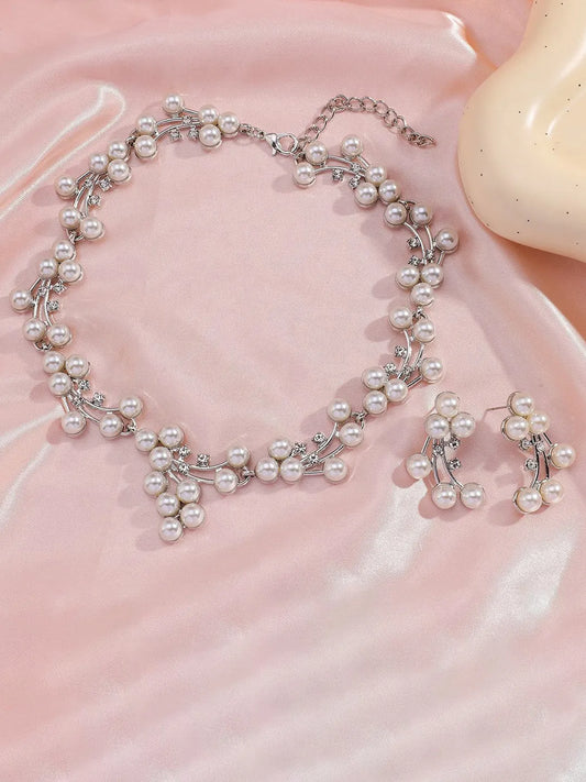 Pearl Blossom Necklace & Earrings Set - Silver -White