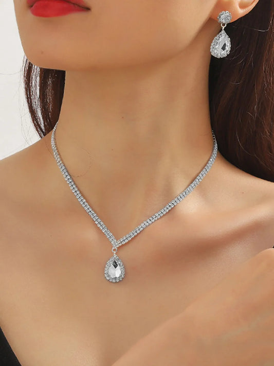 Glittering Teardrop CZ Necklace Set