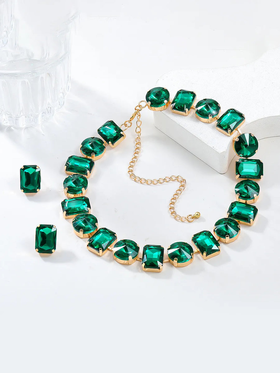Bold and Bright Crystals Necklace Set - Green
