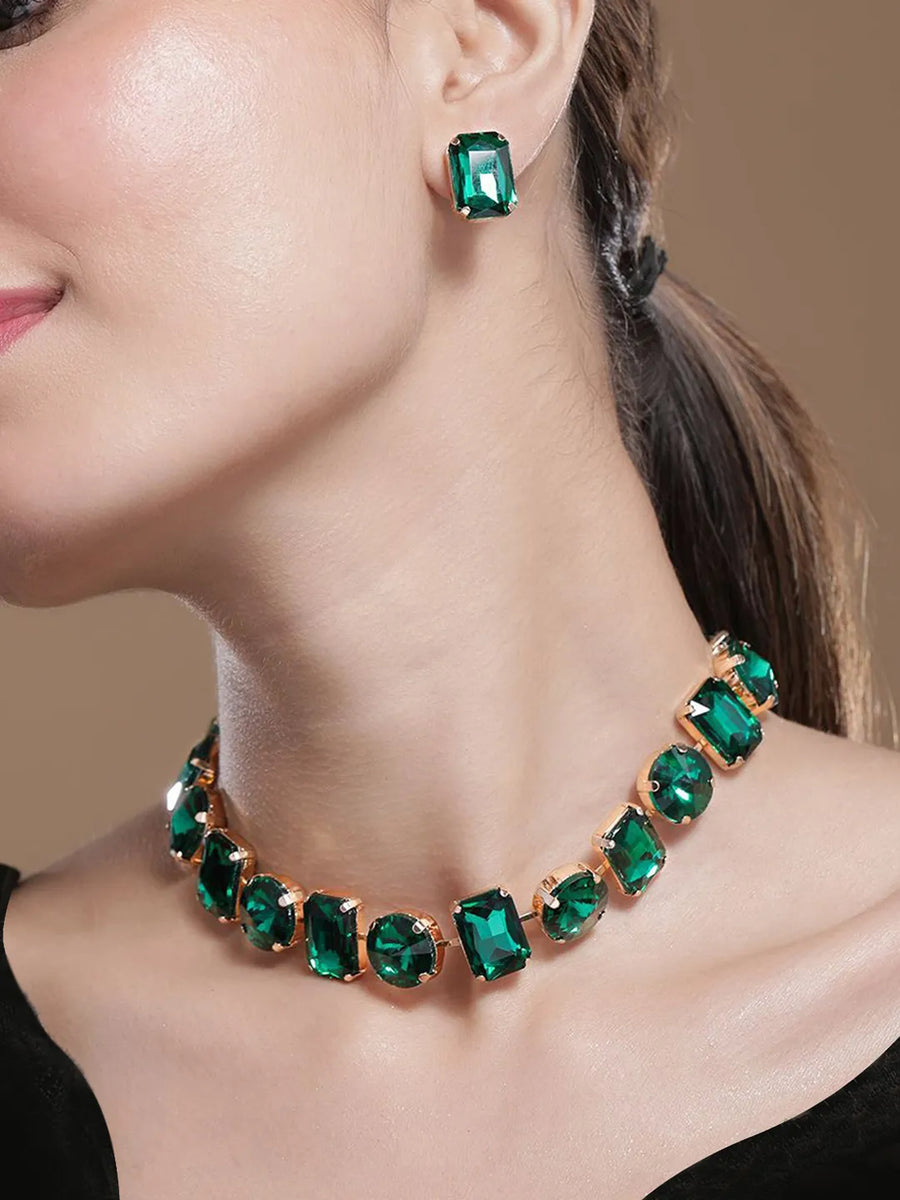 Bold and Bright Crystals Necklace Set - Green
