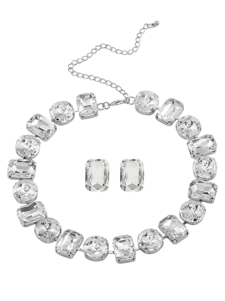 Bold and Bright Crystals Necklace Set - Silver -White
