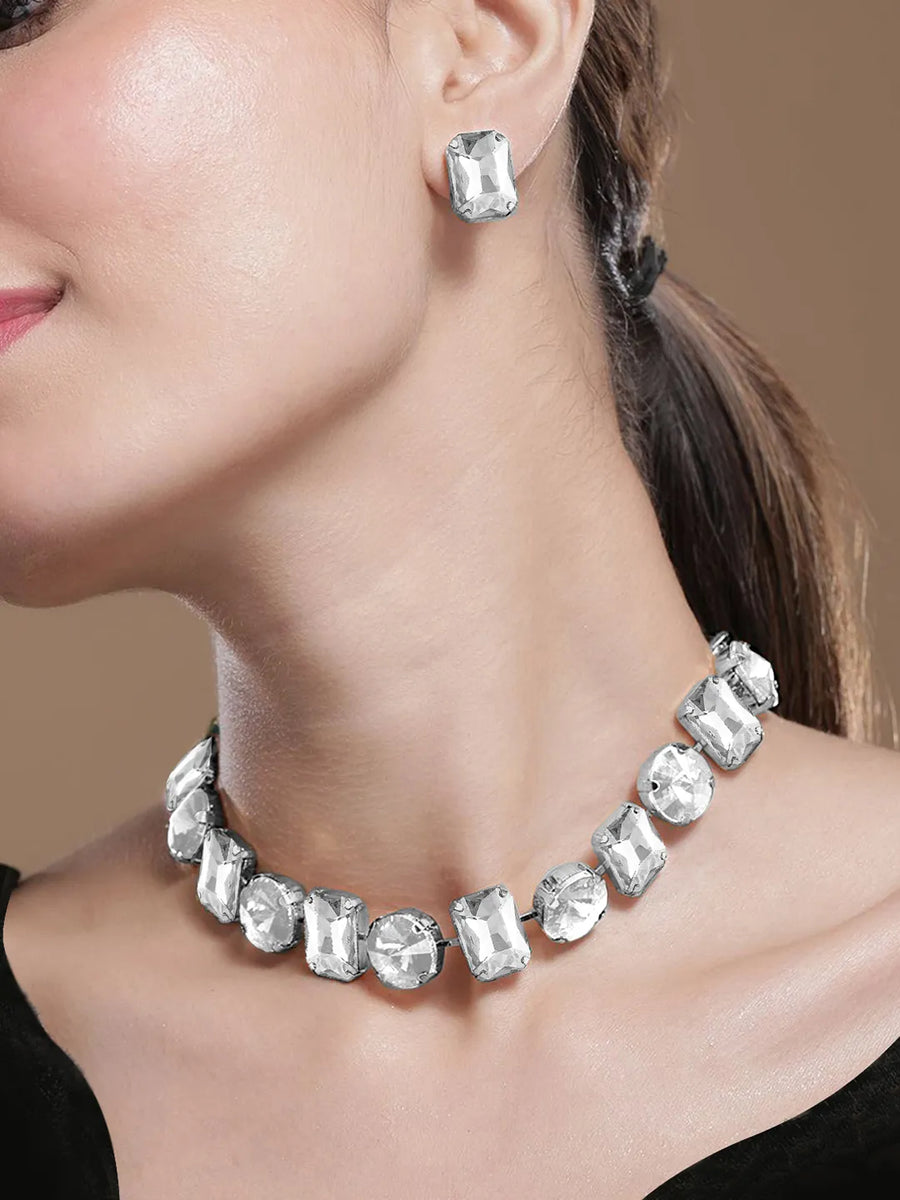Bold and Bright Crystals Necklace Set - Silver -White