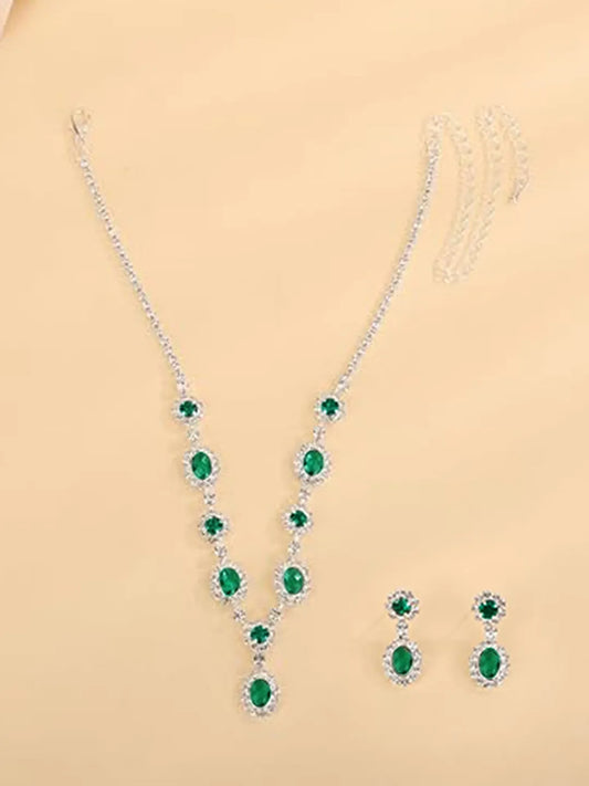 Stunning Crystal CZ Drop Necklace Set - Green