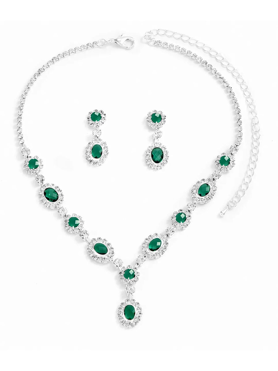 Stunning Crystal CZ Drop Necklace Set - Green