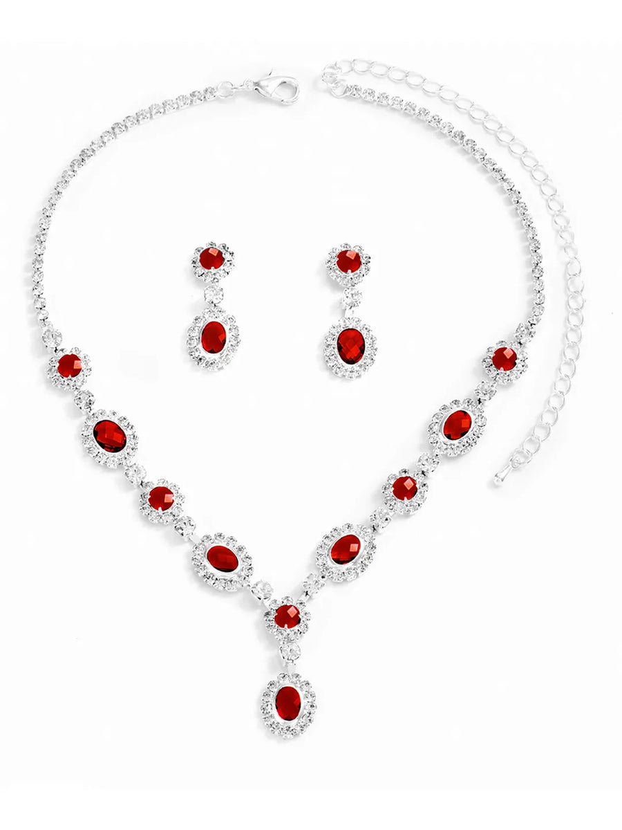 Stunning Crystal CZ Drop Necklace Set - Red