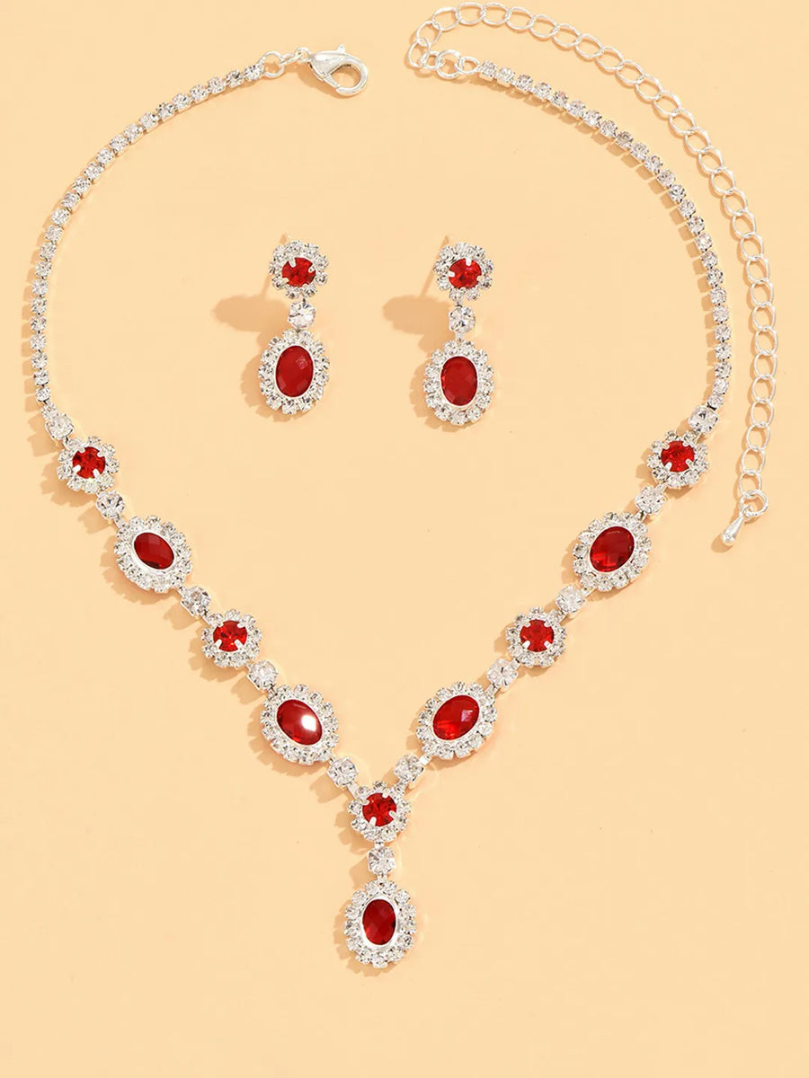 Stunning Crystal CZ Drop Necklace Set - Red