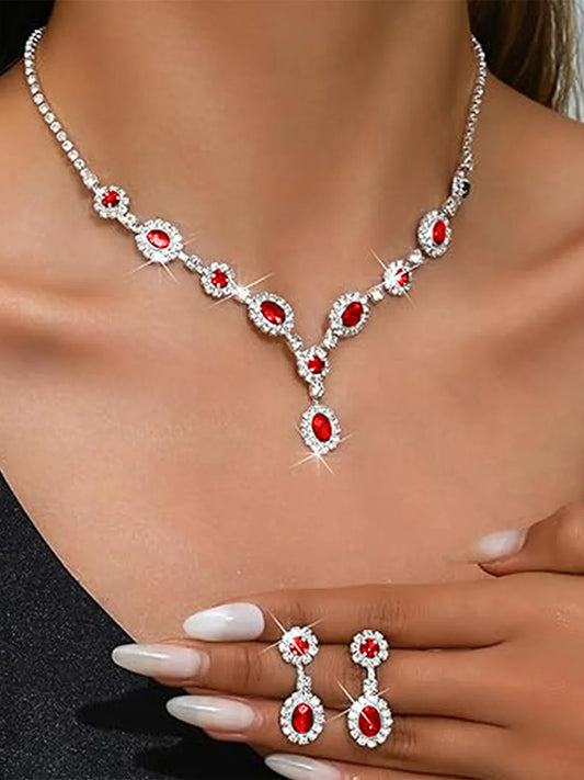 Stunning Crystal CZ Drop Necklace Set - Red