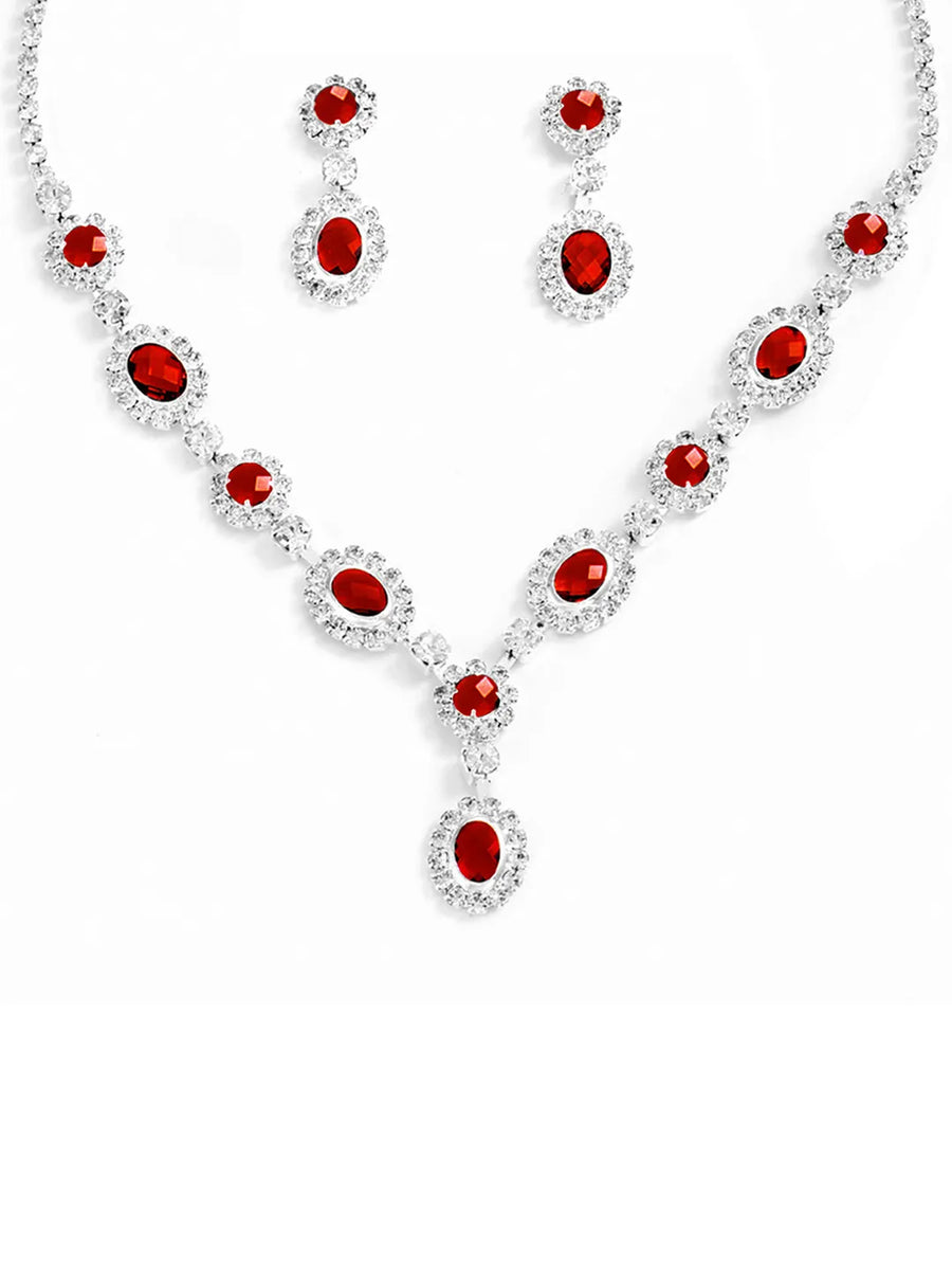 Stunning Crystal CZ Drop Necklace Set - Red
