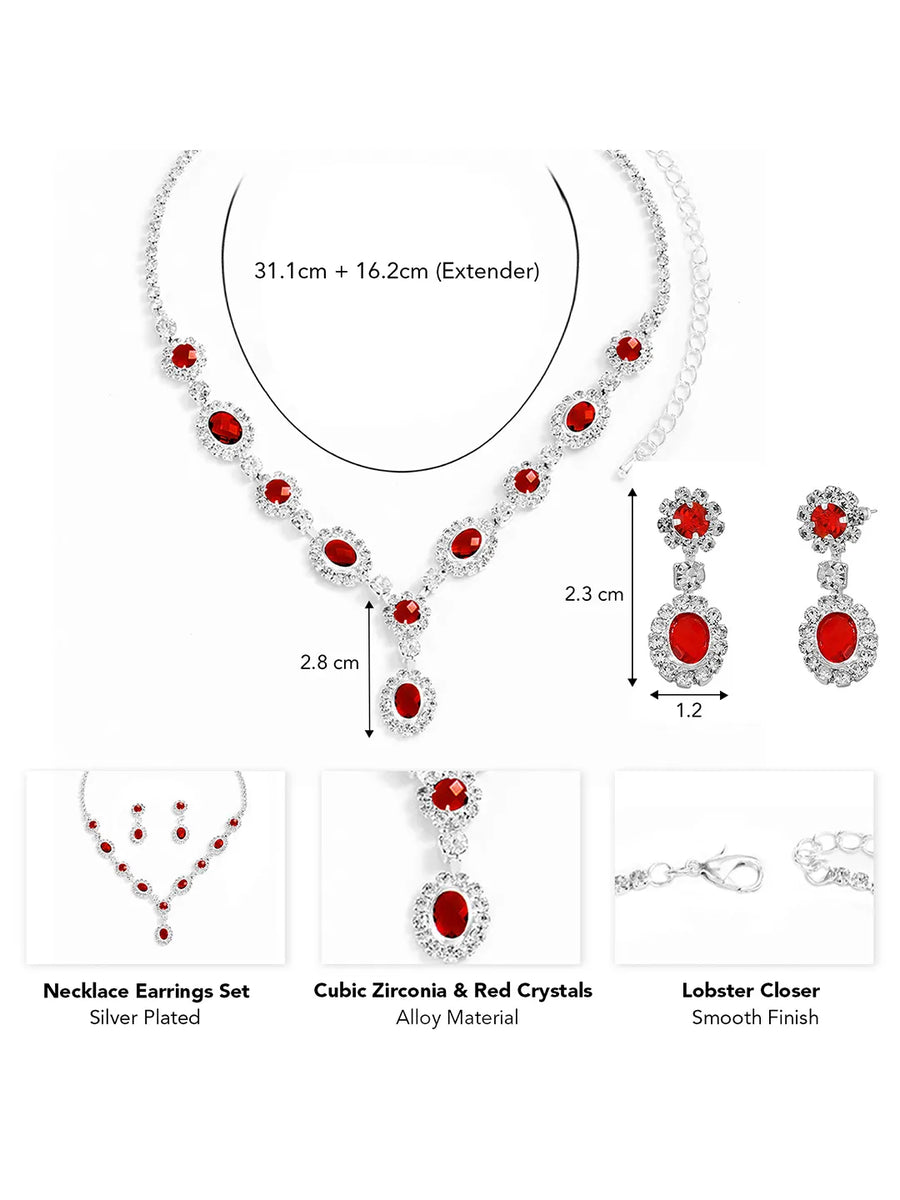Stunning Crystal CZ Drop Necklace Set - Red