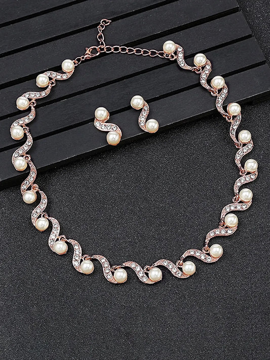 Elegant Wave Pearl & CZ Necklace Set - Rose Gold