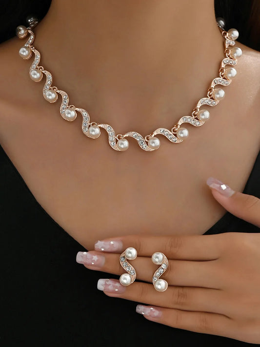 Elegant Wave Pearl & CZ Necklace Set - Rose Gold