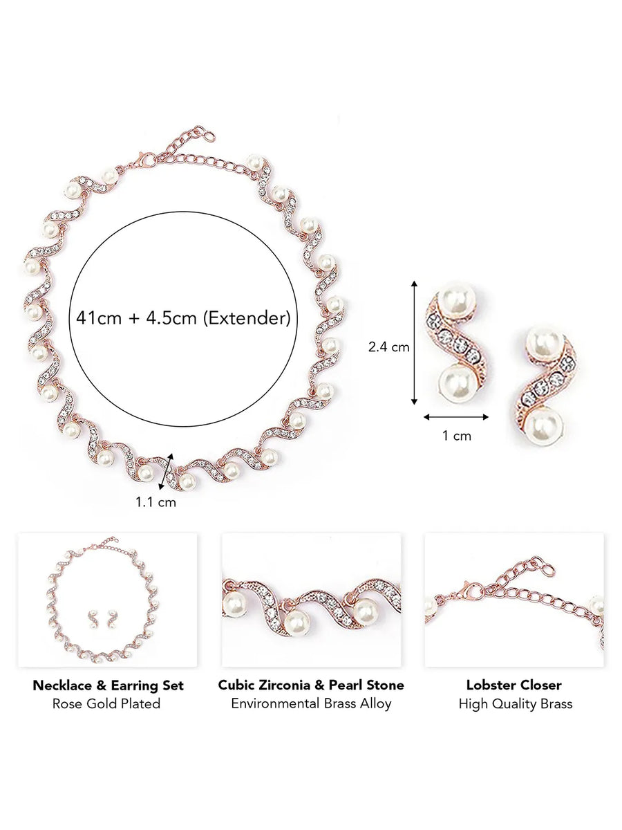 Elegant Wave Pearl & CZ Necklace Set