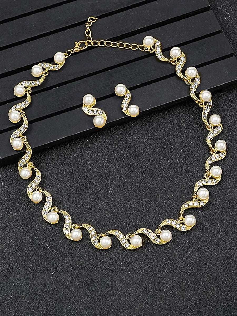 Elegant Wave Pearl & CZ Necklace Set - Gold