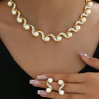Elegant Wave Pearl & CZ Necklace Set - Gold