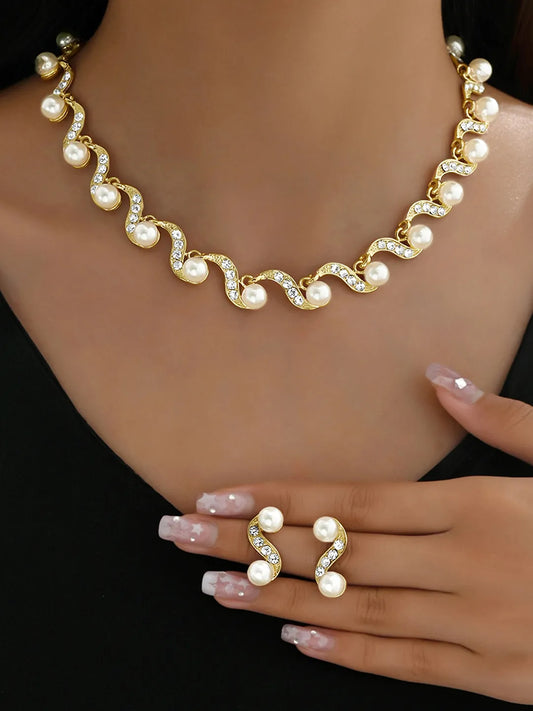 Elegant Wave Pearl & CZ Necklace Set - Gold