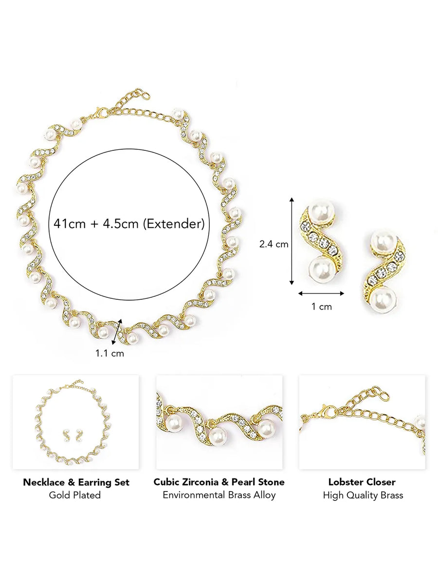 Elegant Wave Pearl & CZ Necklace Set
