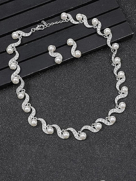 Elegant Wave Pearl & CZ Necklace Set - Silver