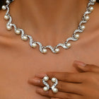 Elegant Wave Pearl & CZ Necklace Set - Silver
