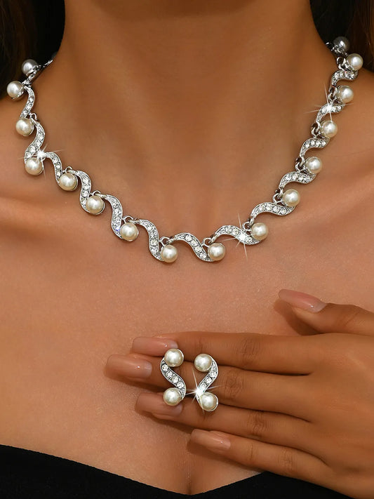 Elegant Wave Pearl & CZ Necklace Set - Silver