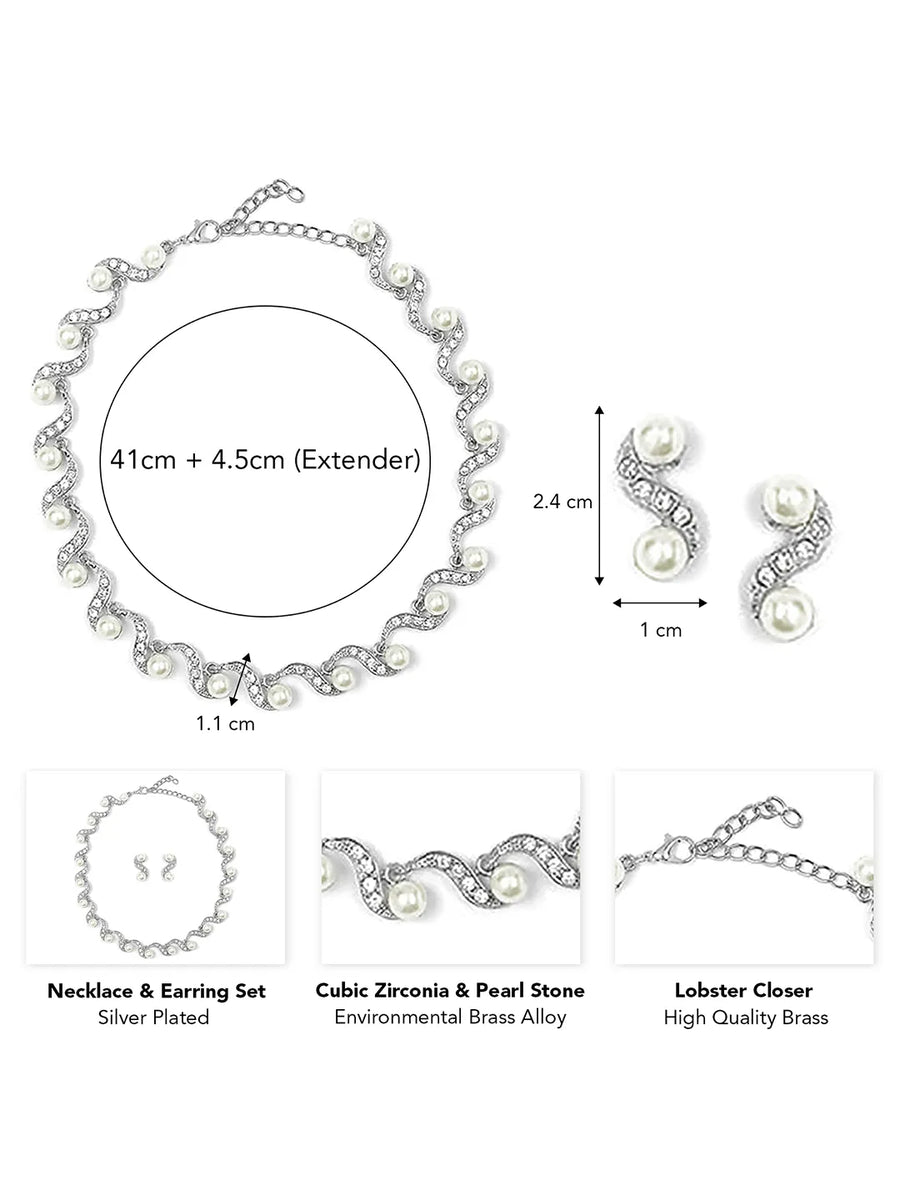 Elegant Wave Pearl & CZ Necklace Set