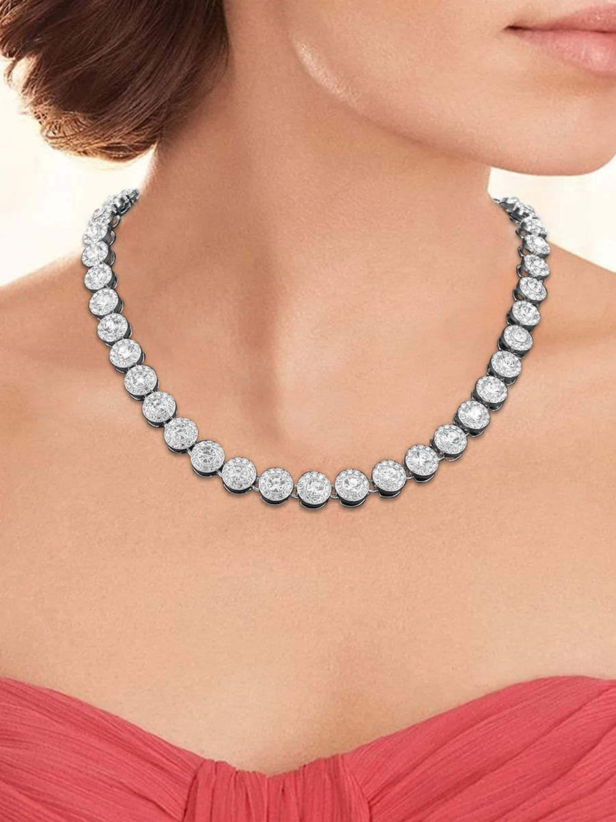 Round Crystal & CZ Tennis Necklace Set - Silver