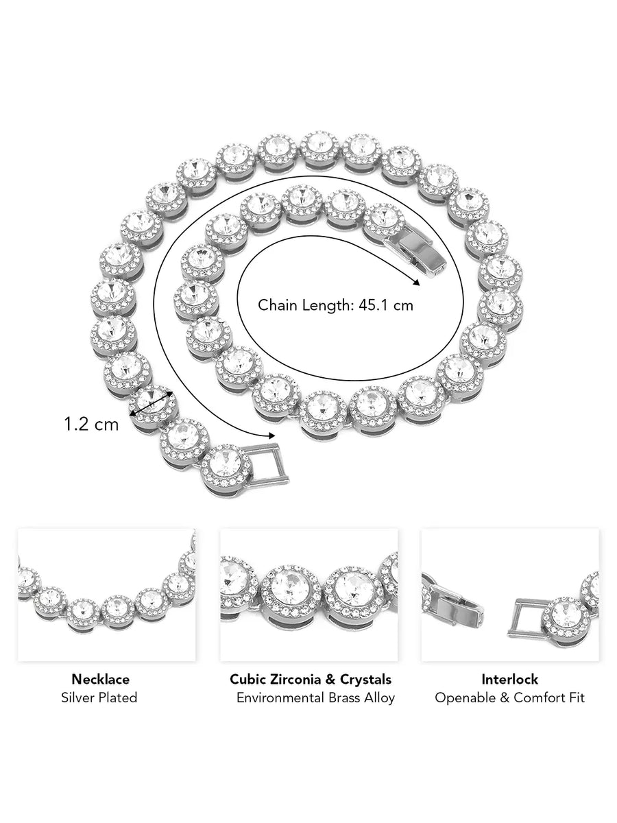 Round Crystal & CZ Tennis Necklace Set - Silver