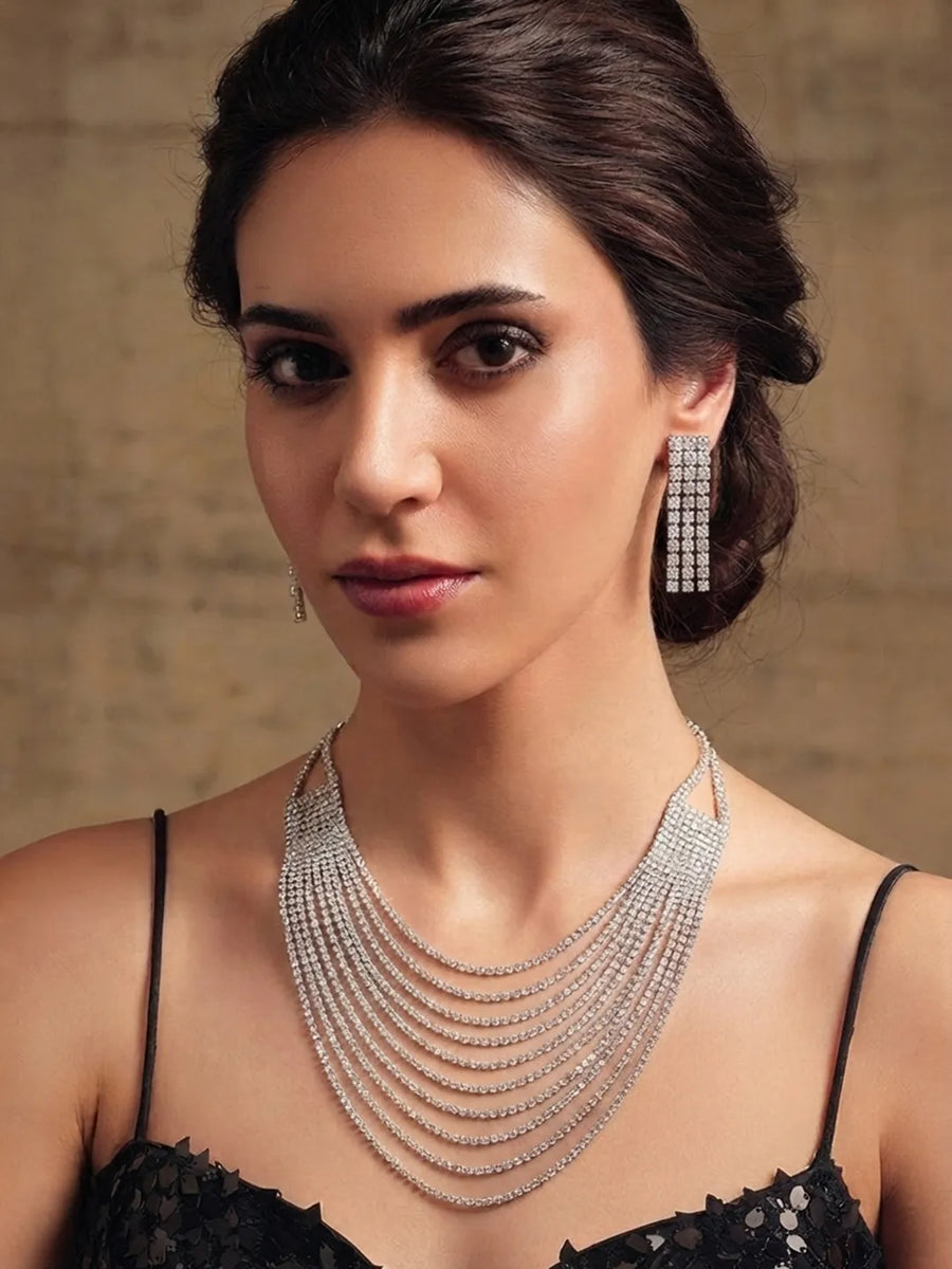 Rhodium Plated Glam Statement Necklace Set