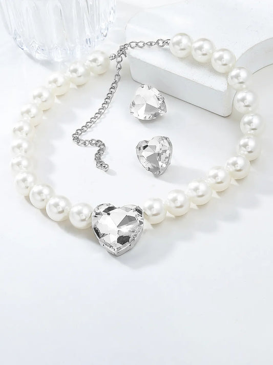 Pearl & Heart Crystal Necklace Set
